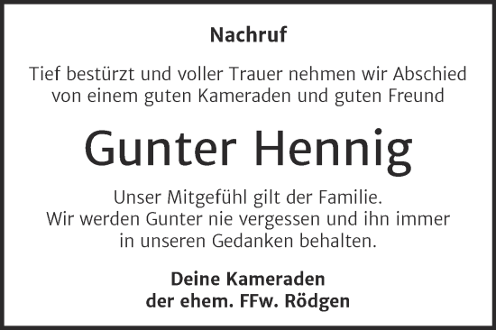 Traueranzeige von Gunter Hennig von SuperSonntag Bitterfeld