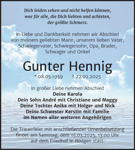 Traueranzeige von Gunter Hennig von Trauerkombi Bitterfeld