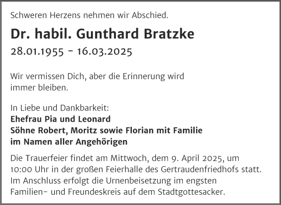 Traueranzeige von Gunthard Bratzke von Mitteldeutsche Zeitung Halle/Saalkreis