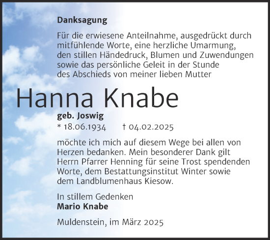 Traueranzeige von Hanna Knabe von Trauerkombi Bitterfeld