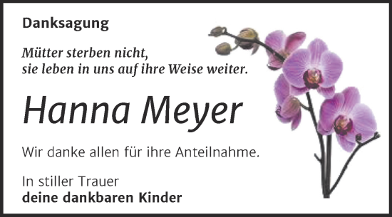 Traueranzeige von Hanna Meyer von Trauerkombi Aschersleben