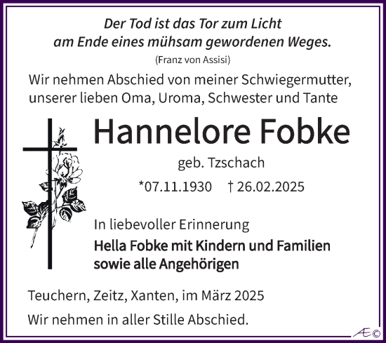 Traueranzeige von Hannelore Fobke von Trauerkombi Weißenfels