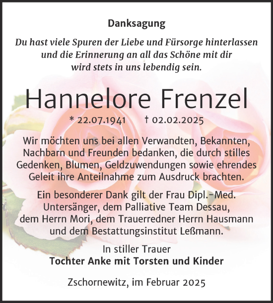Traueranzeige von Hannelore Frenzel von Trauerkombi Wittenberg
