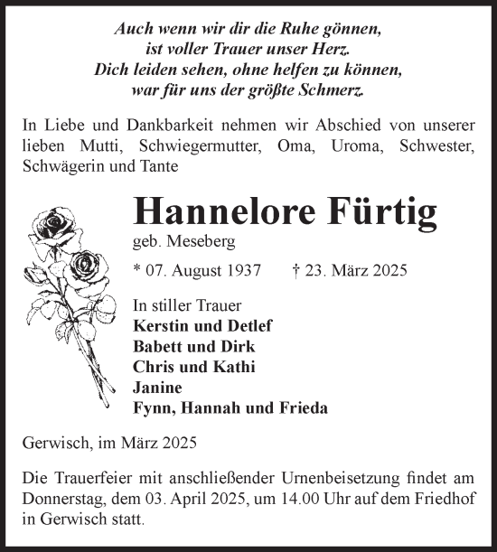 Traueranzeige von Hannelore Fürtig von Volksstimme Burg/Genthin