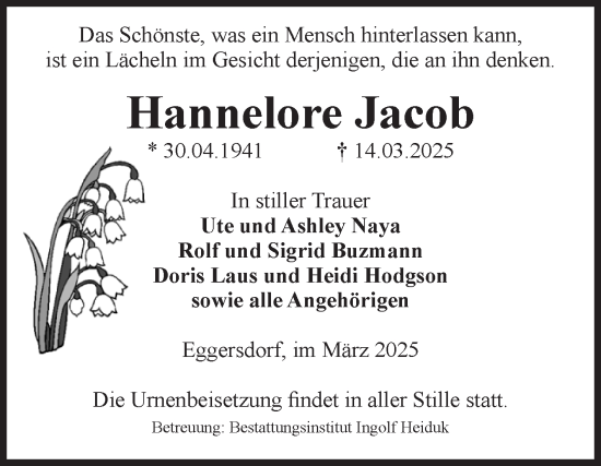 Traueranzeige von Hannelore Jacob von Volksstimme Magdeburg
