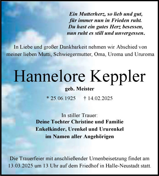 Traueranzeige von Hannelore Keppler von Mitteldeutsche Zeitung Halle/Saalkreis