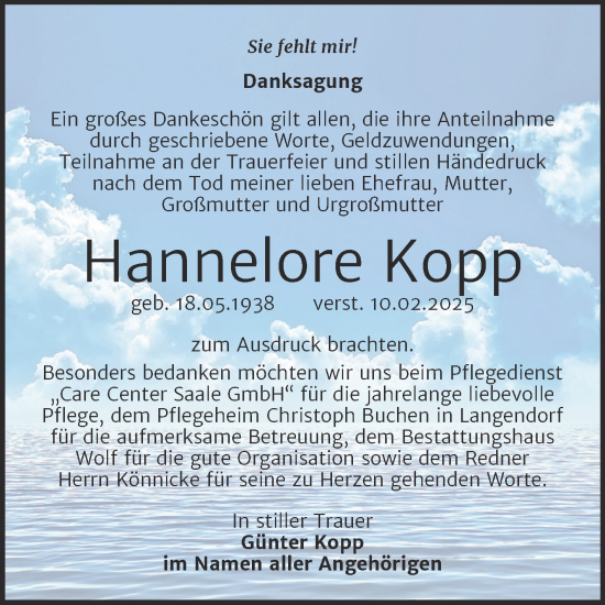 Traueranzeige von Hannelore Kopp von Trauerkombi Weißenfels