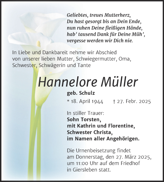 Traueranzeige von Hannelore Müller von Trauerkombi Aschersleben