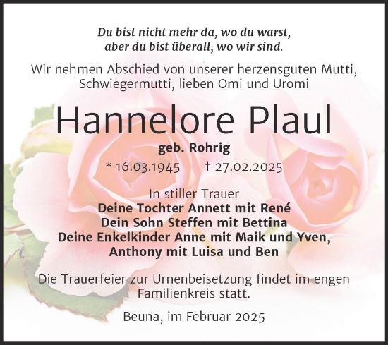 Traueranzeige von Hannelore Plaul von Trauerkombi Merseburg