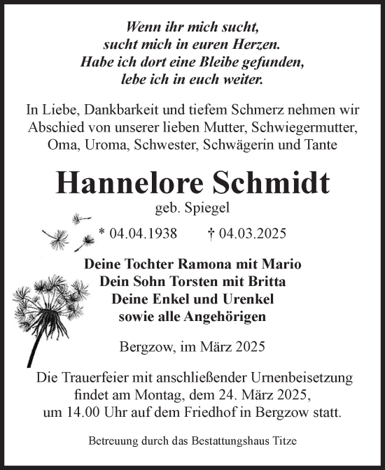 Traueranzeige von Hannelore Schmidt von Volksstimme Burg/Genthin