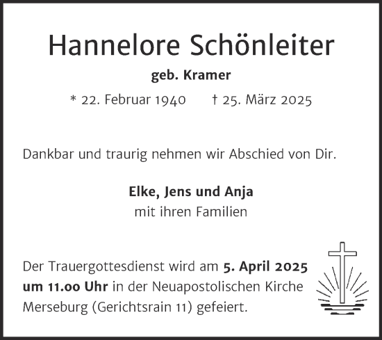 Traueranzeige von Hannelore Schönleiter von Mitteldeutsche Zeitung Halle/Saalkreis