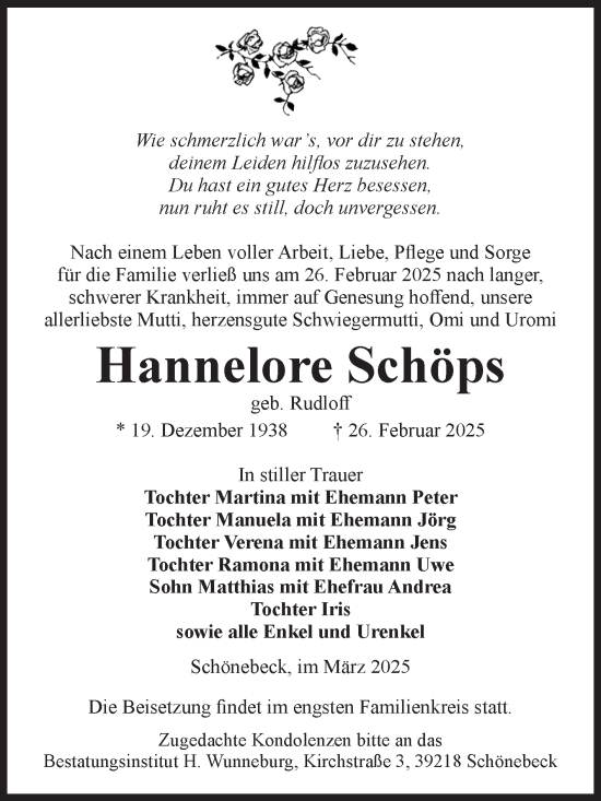 Traueranzeige von Hannelore Schöps von Volksstimme Schönebeck