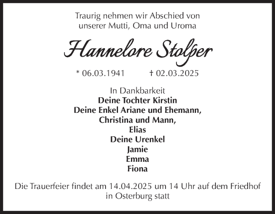 Traueranzeige von Hannelore Stolper von Volksstimme Altmark Ost