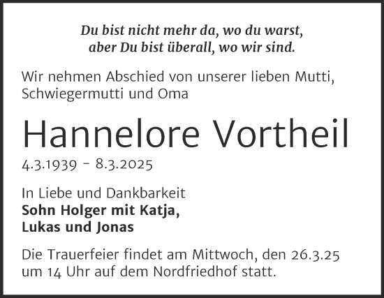 Traueranzeige von Hannelore Vortheil von Mitteldeutsche Zeitung Halle/Saalkreis