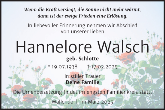Traueranzeige von Hannelore Walsch von Trauerkombi Merseburg