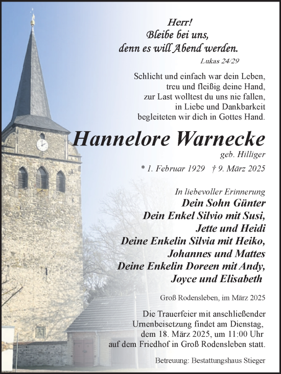Traueranzeige von Hannelore Warnecke von Volksstimme Oschersleben/Wanzleben
