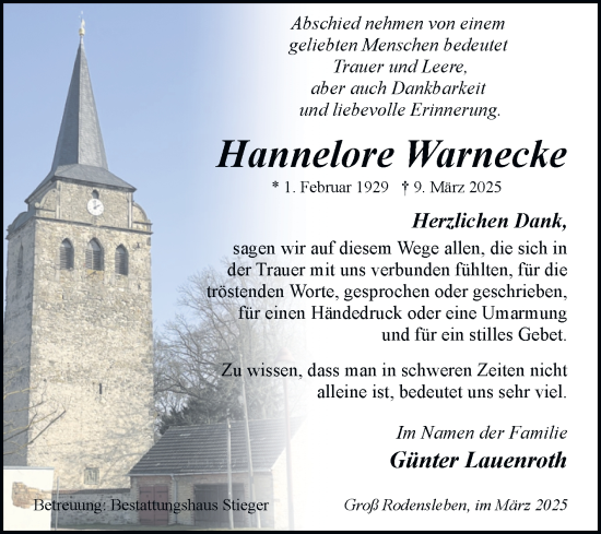 Traueranzeige von Hannelore Warnecke von Volksstimme Oschersleben/Wanzleben