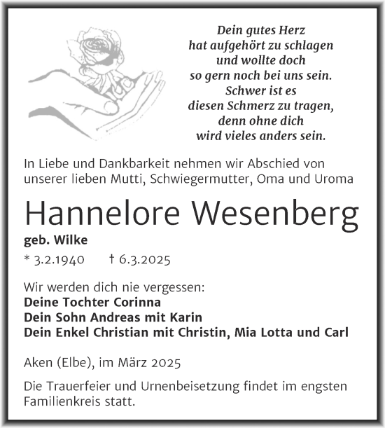 Traueranzeige von Hannelore Wesenberg von Trauerkombi Köthen