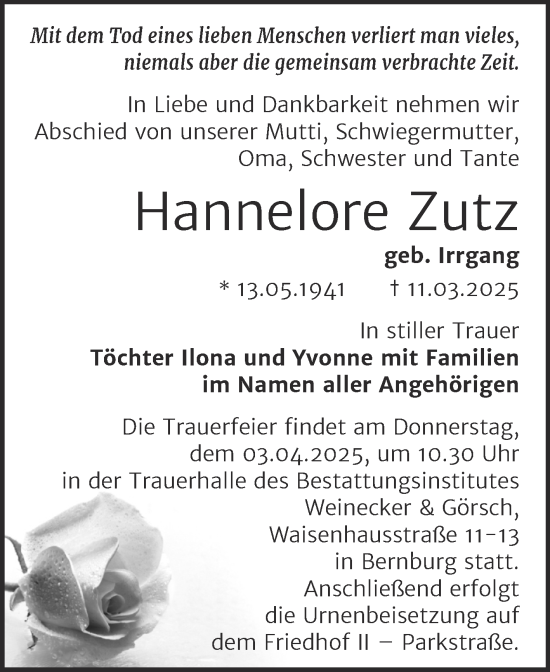 Traueranzeige von Hannelore Zutz von Trauerkombi Bernburg