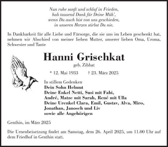 Traueranzeige von Hanni Grischkat von Volksstimme Burg/Genthin