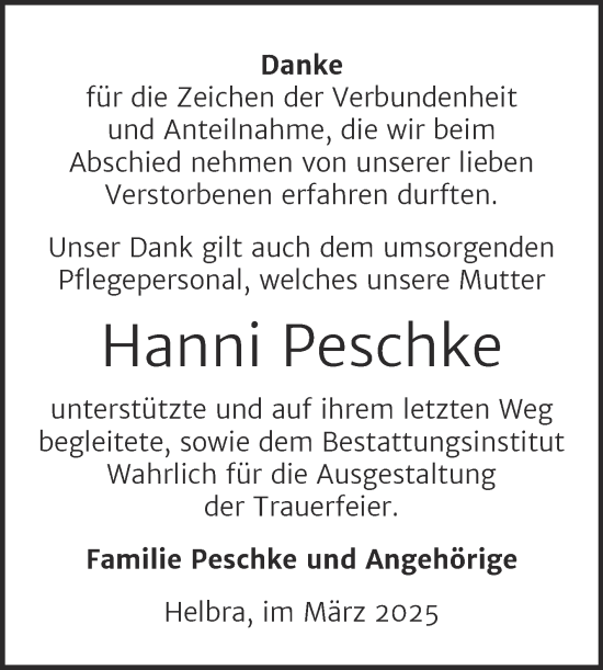 Traueranzeige von Hanni Peschke von Trauerkombi Mansfelder Land