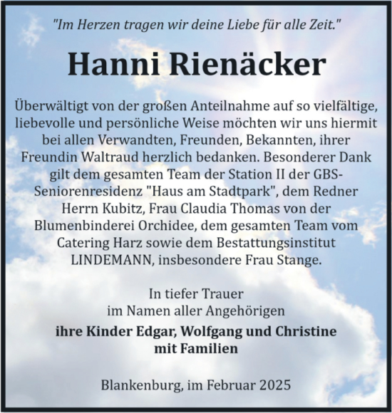 Traueranzeige von Hanni Rienäcker von Volksstimme Wernigerode