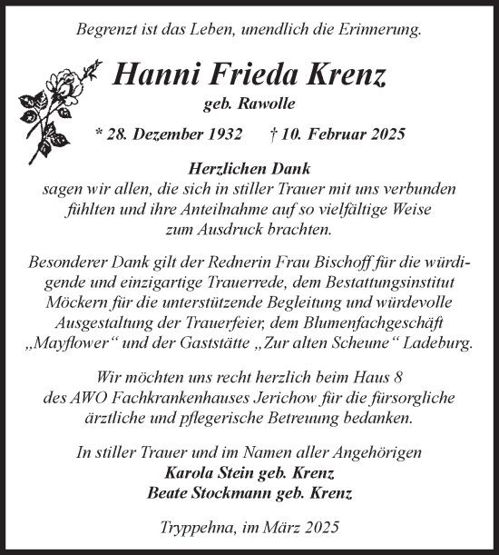 Traueranzeige von Hanni Frieda Krenz von Volksstimme Burg/Genthin