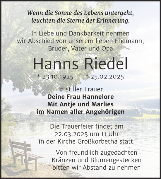 Traueranzeige von Hanns Riedel von Trauerkombi Weißenfels