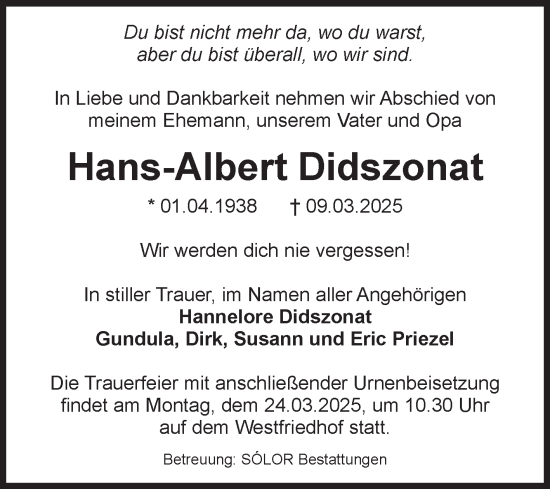 Traueranzeige von Hans-Albert Didszonat von Volksstimme Magdeburg
