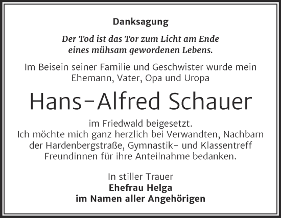 Traueranzeige von Hans-Alfred Schauer von Trauerkombi Weißenfels
