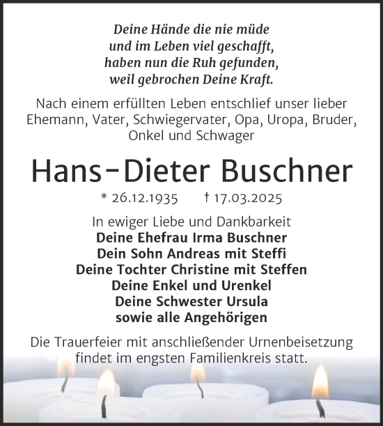 Traueranzeige von Hans-Dieter Buschner von Mitteldeutsche Zeitung Mansfelder Land