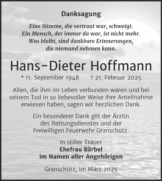 Traueranzeige von Hans-Dieter Hoffmann von Trauerkombi Weißenfels