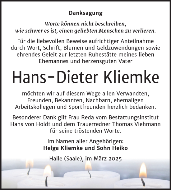 Traueranzeige von Hans-Dieter Kliemke von Mitteldeutsche Zeitung Halle/Saalkreis