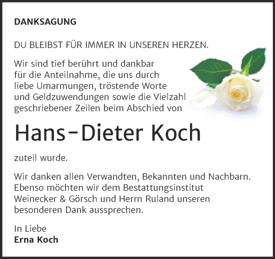 Traueranzeige von Hans-Dieter Koch von Trauerkombi Bernburg