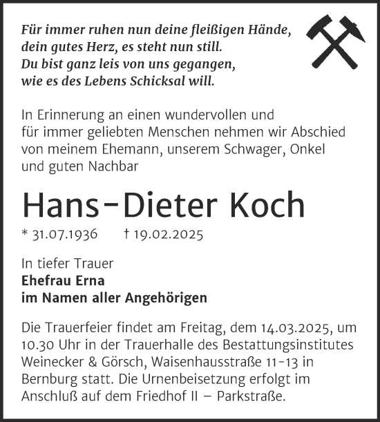 Traueranzeige von Hans-Dieter Koch von Trauerkombi Bernburg