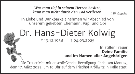 Traueranzeige von Hans-Dieter Kolwig von Mitteldeutsche Zeitung Halle/Saalkreis