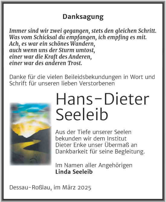 Traueranzeige von Hans-Dieter Seeleib von Trauerkombi Dessau