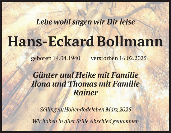 Traueranzeige von Hans-Eckard Bollmann von Volksstimme Oschersleben/Wanzleben