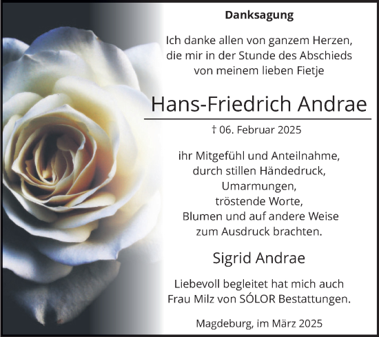 Traueranzeige von Hans-Friedrich Andrae von Volksstimme Magdeburg