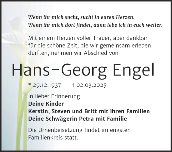 Traueranzeige von Hans-Georg Engel von Trauerkombi Quedlinburg