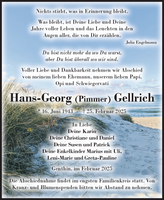 Traueranzeige von Hans-Georg Gellrich von Volksstimme Burg/Genthin