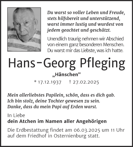 Traueranzeige von Hans-Georg Pfleging von Mitteldeutsche Zeitung Köthen