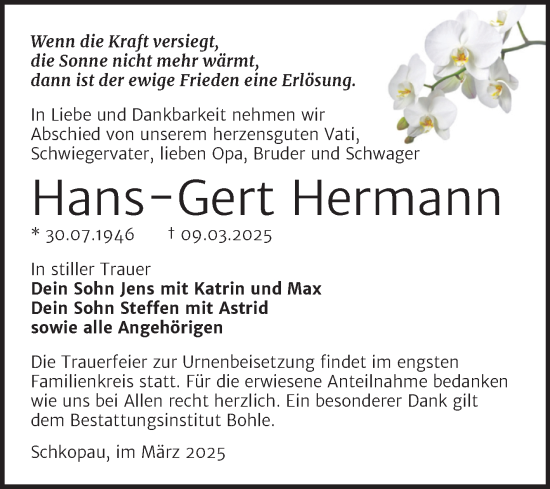 Traueranzeige von Hans-Gert Hermann von Trauerkombi Merseburg
