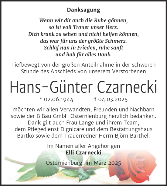 Traueranzeige von Hans-Günter Czarnecki von Trauerkombi Köthen