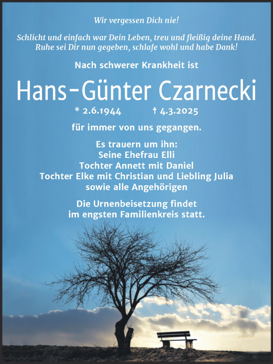 Traueranzeige von Hans-Günter Czarnecki von Trauerkombi Köthen