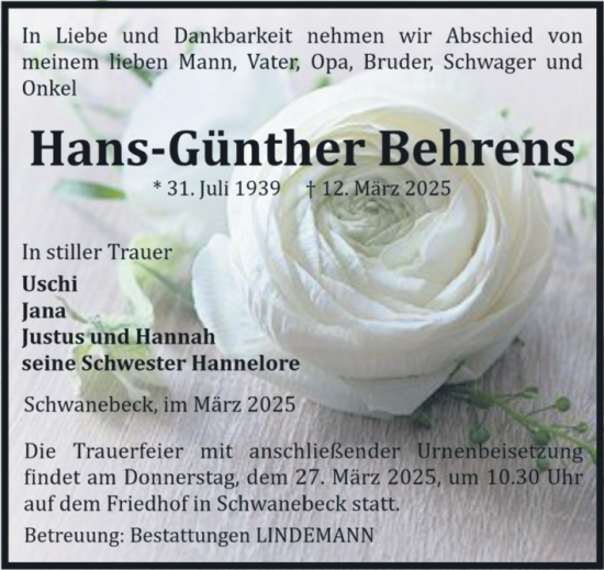 Traueranzeige von Hans-Günther Behrens von Volksstimme Halberstadt