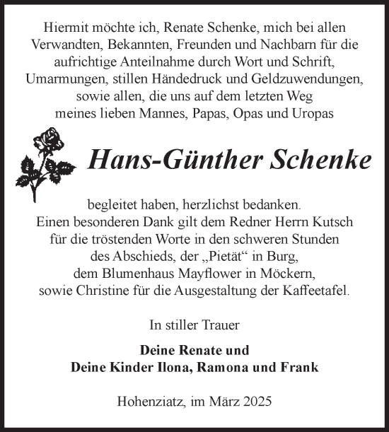 Traueranzeige von Hans-Günther Schenke von Volksstimme Burg/Genthin