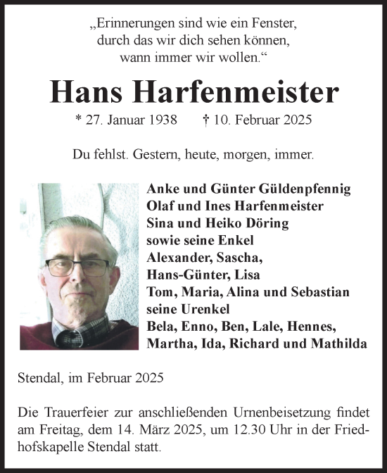 Traueranzeige von Hans Harfenmeister von Volksstimme Altmark Ost