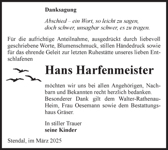 Traueranzeige von Hans Harfenmeister von Volksstimme Altmark Ost