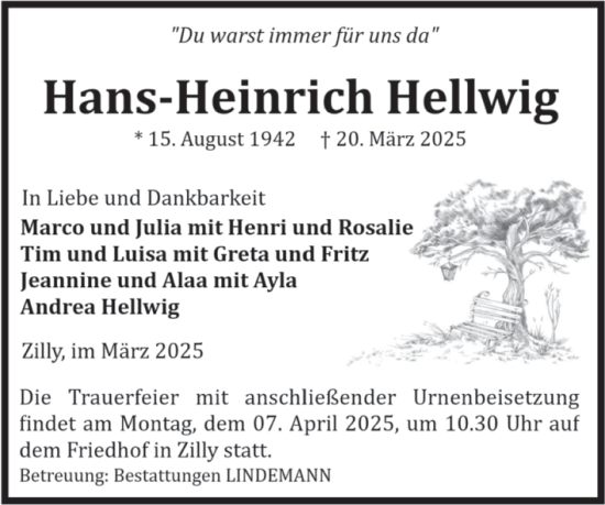 Traueranzeige von Hans-Heinrich Hellwig von Volksstimme Halberstadt